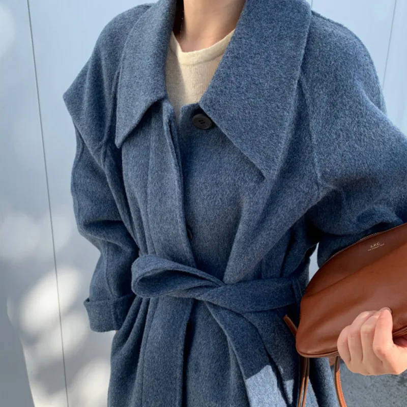 

Women Winter Long Wool Coat Jacket Raglan Sleeve Covered Buttons Woolen Overcoat Belt Loose Cardigan Cloak Outerwear