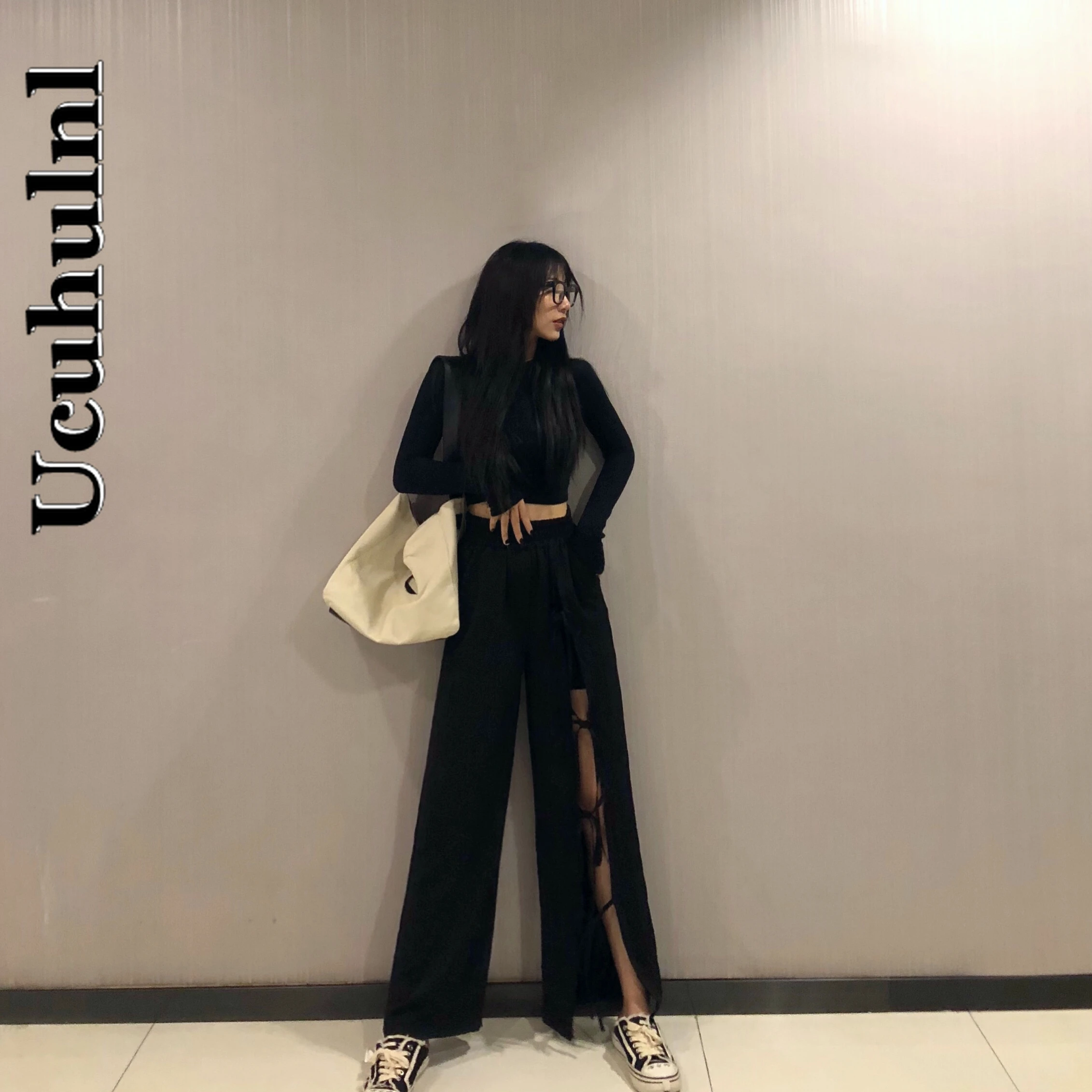 

Ucuhulnl Slit High Waist Wide-leg Pants Women 2021 New Oversize Pants Loose Elastic Waist Solid Polyester Plus Size Clothing For