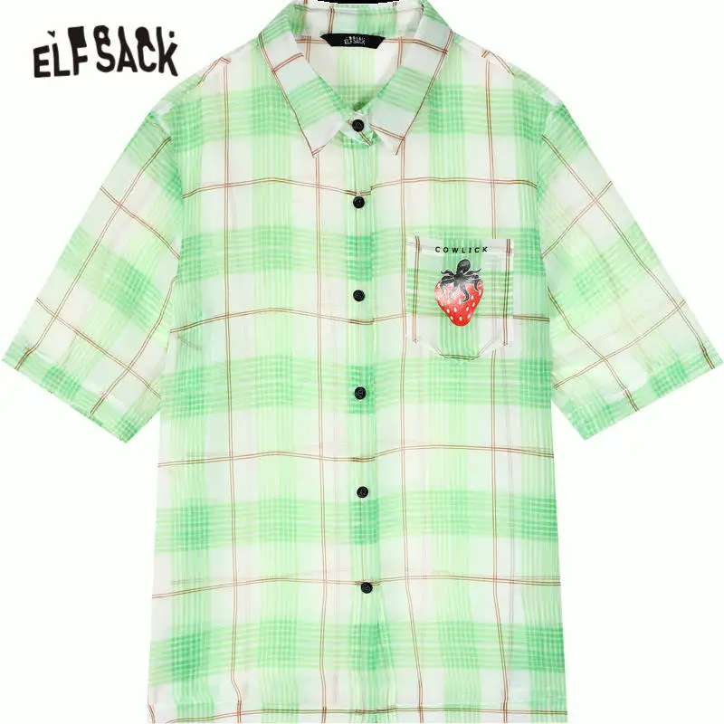 

ELFSACK Green Plaid Strawberry Print Oversize Casual blouse Women 2020 Summer ELF See-Through Korean Ladies Daily Sweet Top