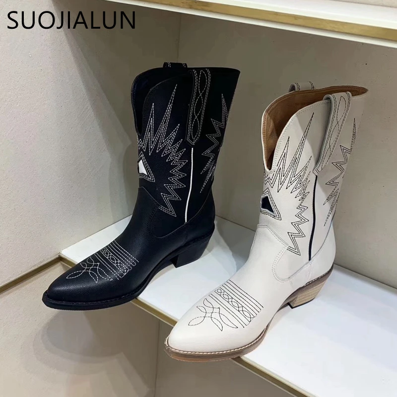 Новые брендовые ковбойские сапоги SUOJIALUN с вышивкой для женщин высокие женские до