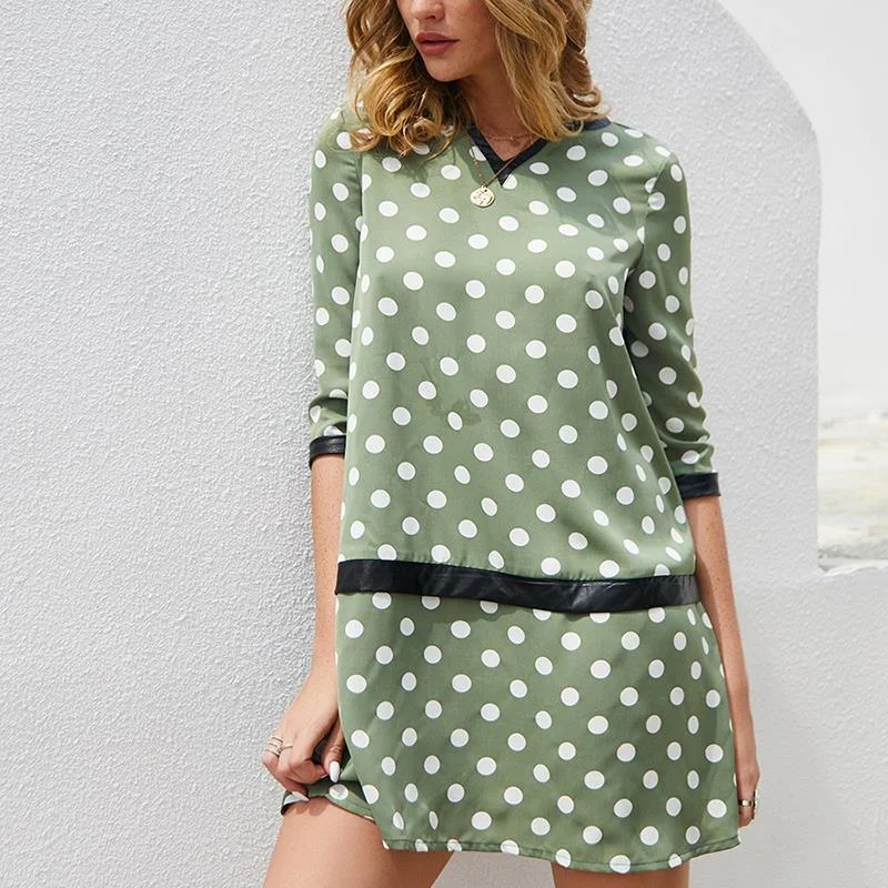 

Fashion Women Dress Chic Party Dresses Polka Dot V Neck Short Dresses Half Sleeve Female Patchwork Ladies Dress Plus Size