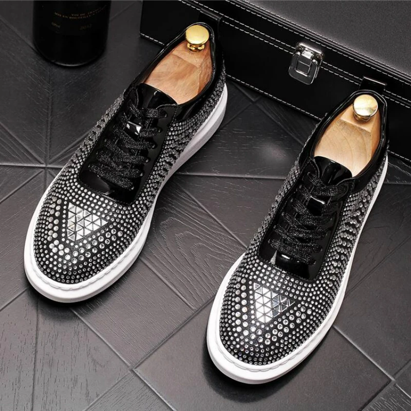 

British style mens casual punk nightclub dresses cow leather shoes rhinestone platform shoe personality handsome sneakers sapato