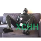 Сексуальные черные мужские латексные резиновые костюмы Gummi Catsuit с капюшоном 5 пальцев перчатки и носки презервативы на молнии сзади изготовленные на заказ
