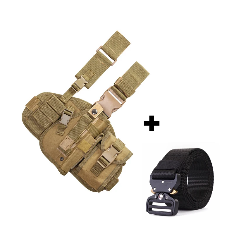 Khaki and One Belt Тактическая ножная кобура для пистолета, армейская многофункциональная камуфляжная сумка, завязанная ногой, защитный чехол, карман для телефона, Охотничья Экипировка - Цвет: Khaki and One Belt