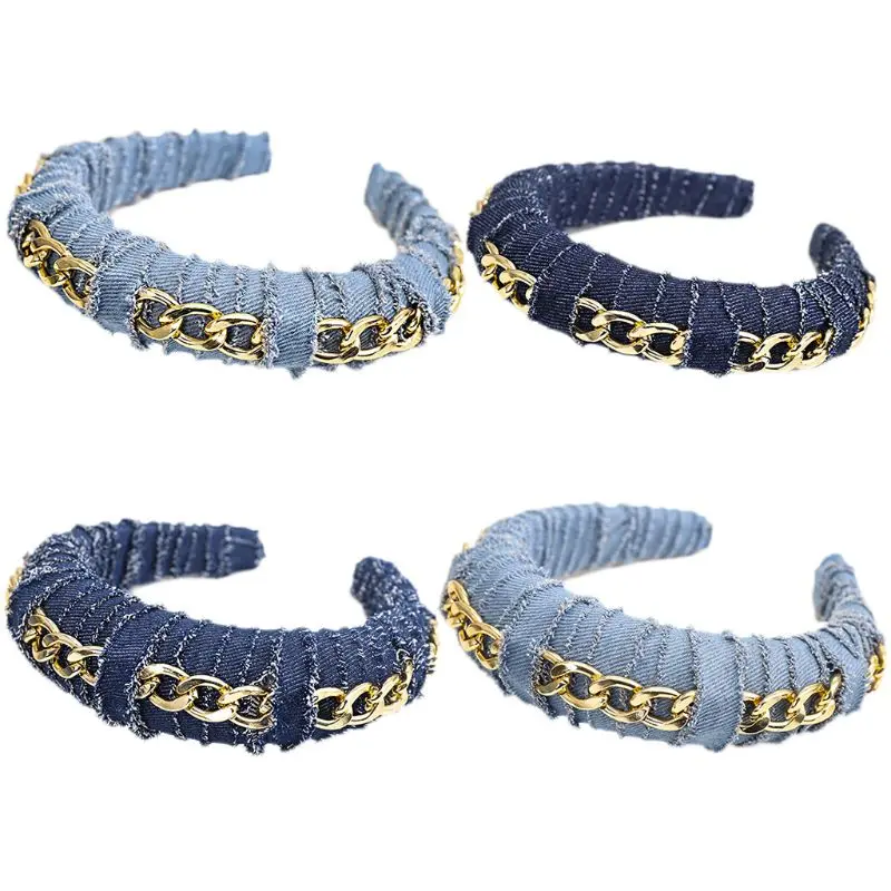 

Women Retro Denim Cloth Wide Hair Hoop Metal Chain Sponge Padded Headband Twisted Distressed Striped Solid Color Bandana