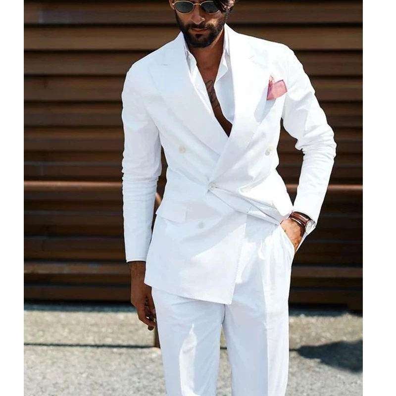

Latest Tailored White Peak Lapel Double Breasted Men Suits Slim Fit Wedding Tuxedo For Groom 2 Pieces Casual Style Male Fashion