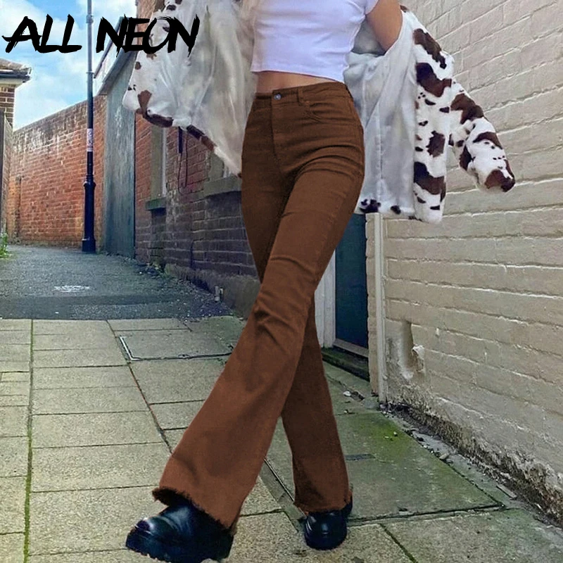

Джинсы-клеш ALLNeon, коричневые, однотонные, с высокой талией