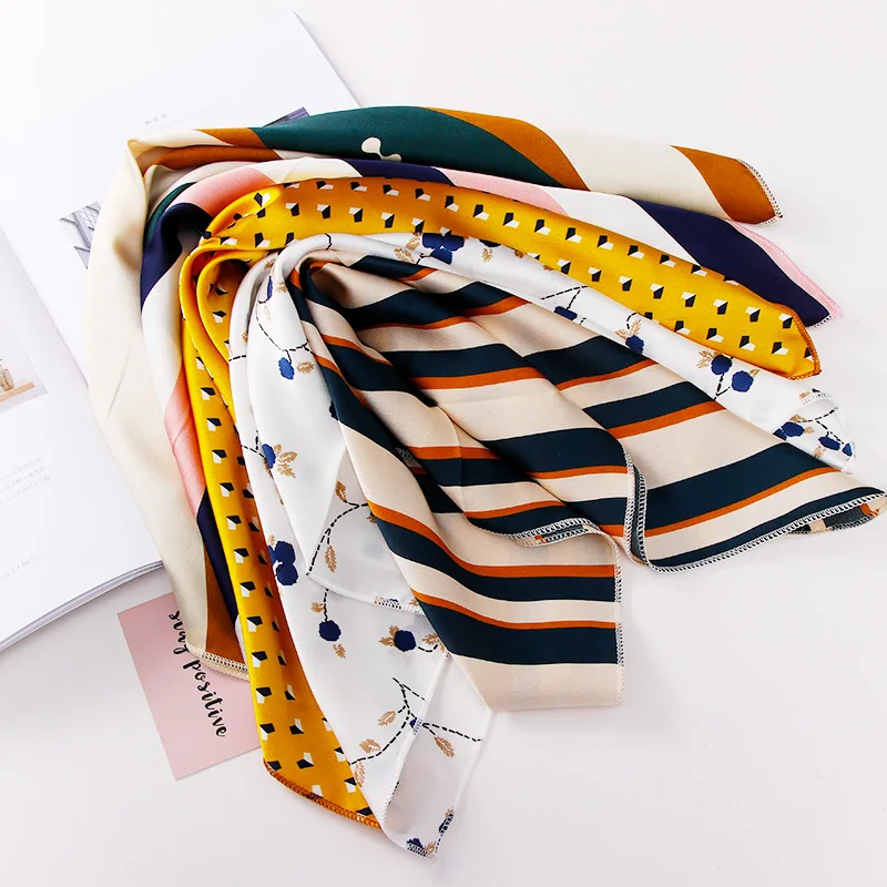 

Fashion Women Elegant Vintage Print 50*50cm Square Scarf Hair Tie Band For Business Party Retro Head Neck Silk Satin Scarf