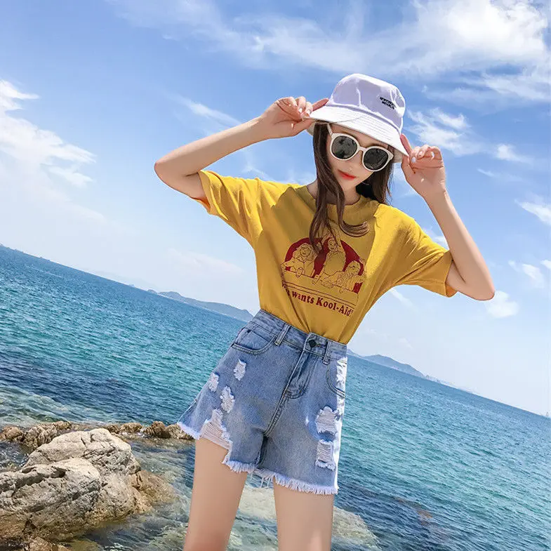 

Summer Hole-breaking Denim Shorts Female Loose Leg Pants Student Trend High Waist Slim Versatile 2020 Plus Size High Waist Jeans