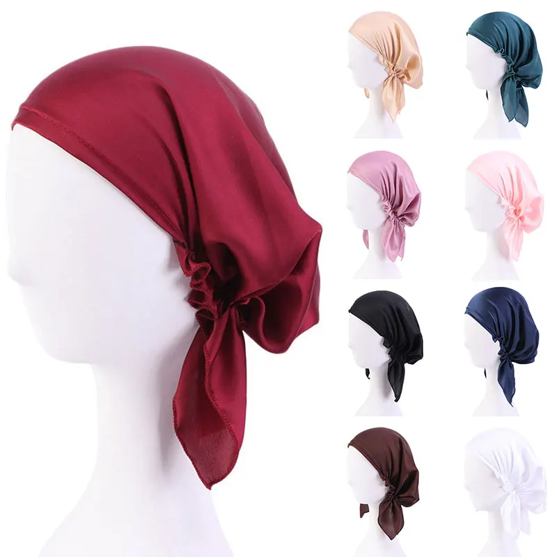 

Satin Night Sleep Caps Solid Color Silk Elastic Band Long Tail Streamers Headscarf Hats Muslim Women's Headwear Turban Bonnet
