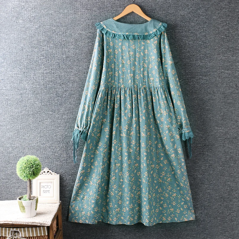 

New Spring sweet embroidery flower peter pan collar floral print cotton linen dress long sleeve casual loose midi dress