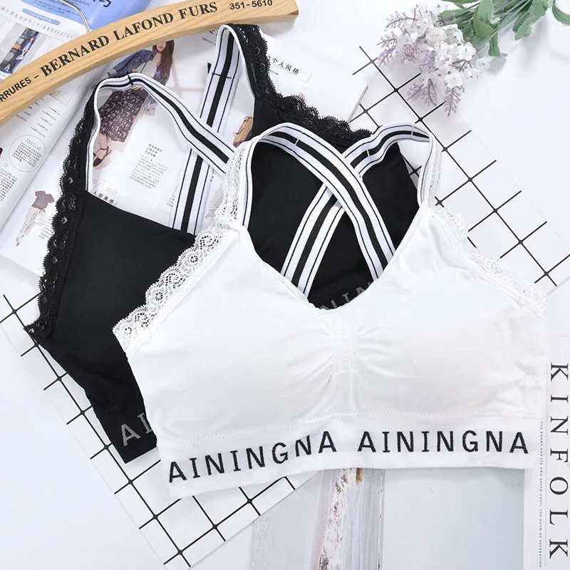 

Lace black white sling letter beauty back wrapped chest tube top girly bottoming vest sling yoga running sports bra