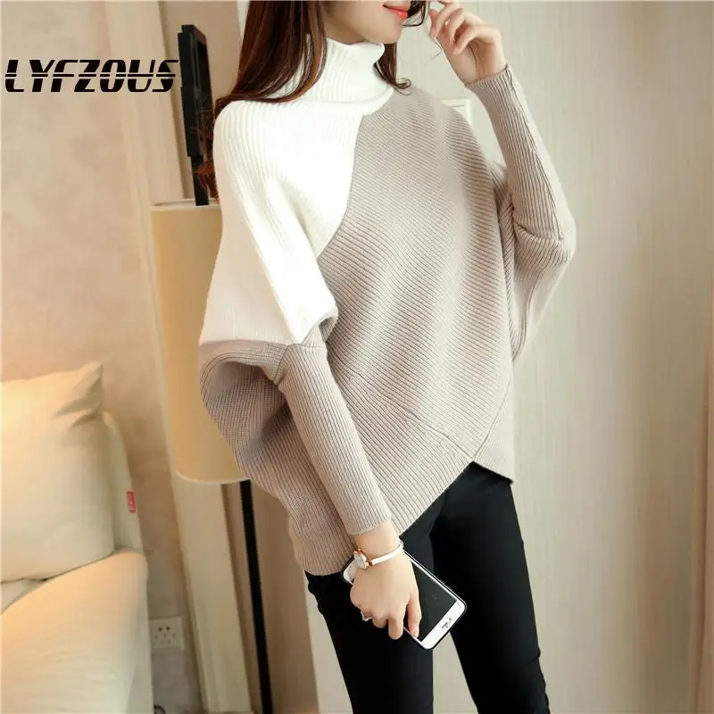 Autumn Winter Loose Bat Sleeve knit Sweater Pullover Women Contrast Color Turtleneck Knitted Sweaters And Pullovers Female Tops | Женская