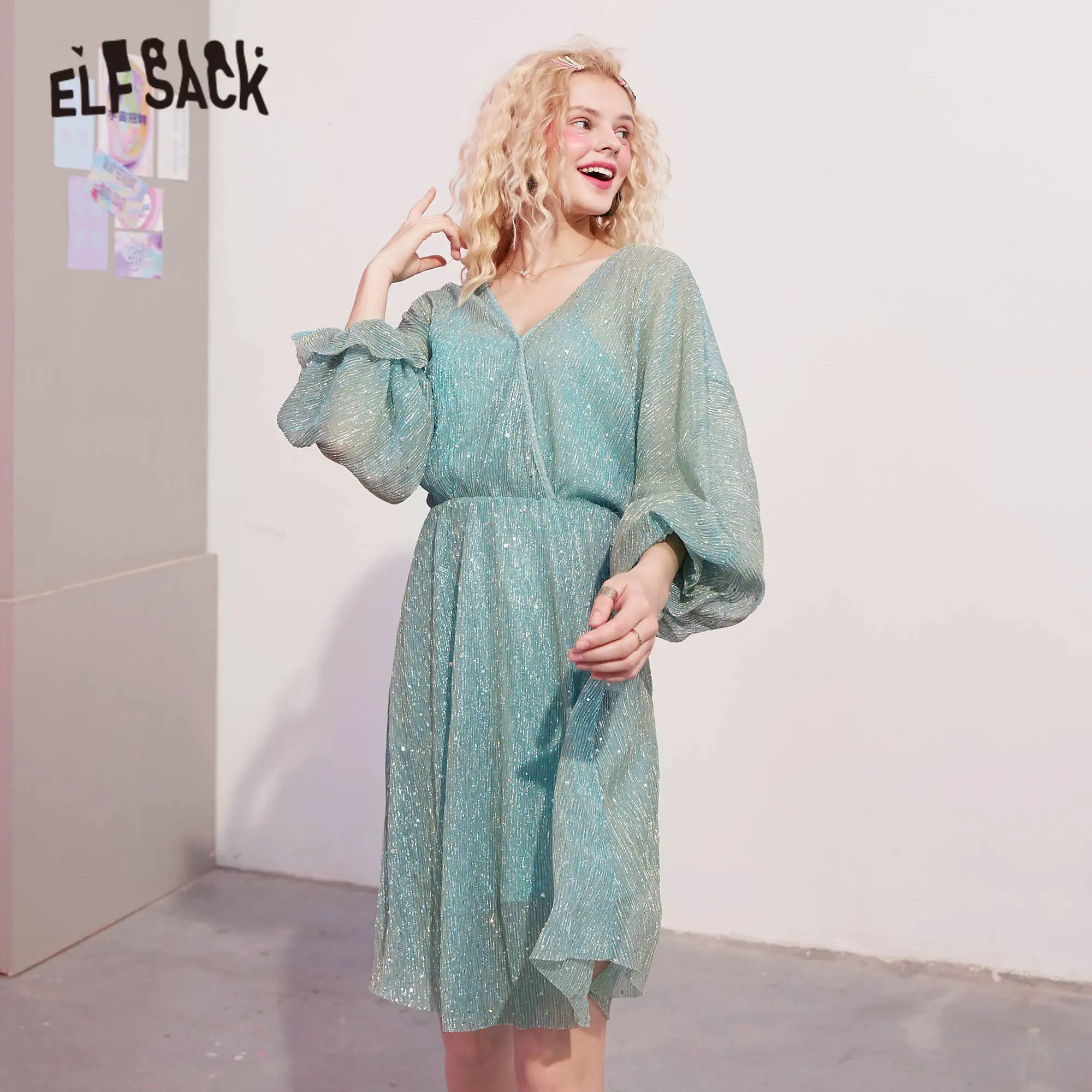 Женское однотонное платье средней длины ELFSACK зеленое повседневное корейское с