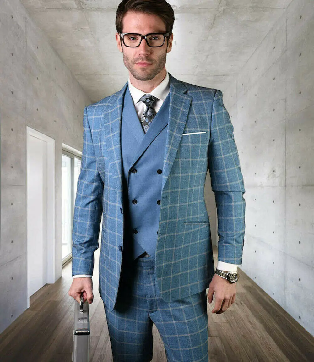 

Men's Blue Check/Palid Suits Formal For Wedding Tuxedos Slim Fit Party Prom Suit