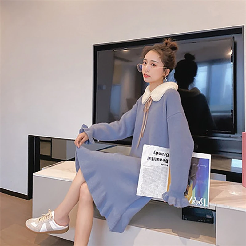 

Новинка, осенне-зимнее плотное платье-свитер с кукольным воротником, вязаная осенняя одежда до колен с агарическими кружевами для женщин