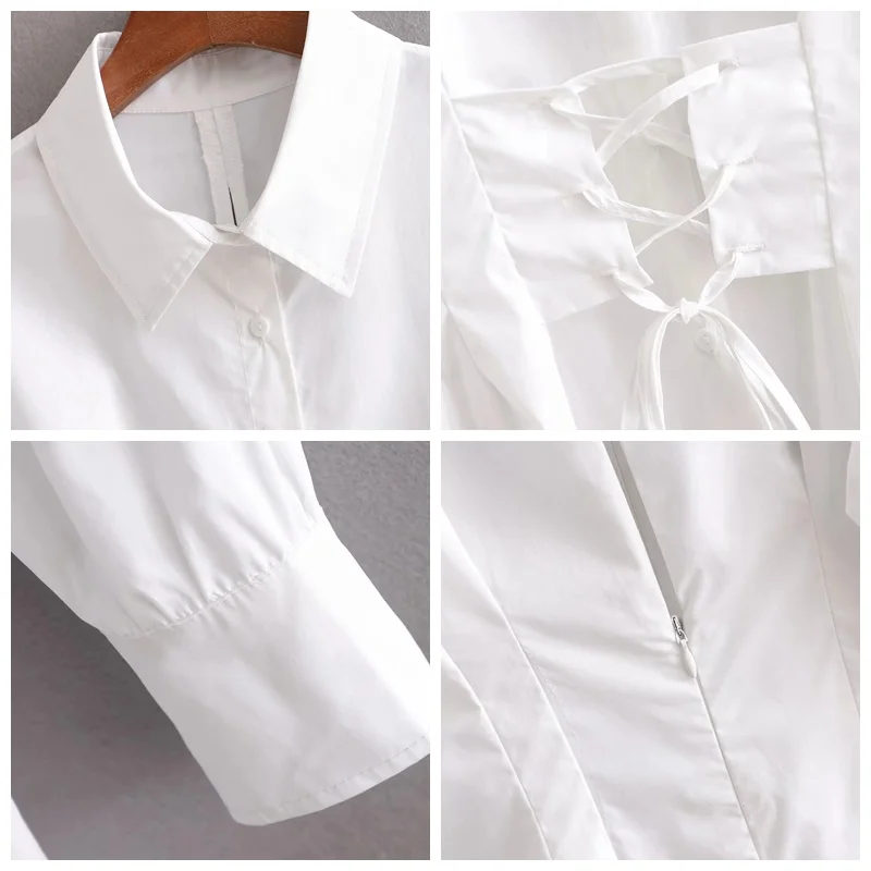 

MosiMolly 2021 Spring Cotton Shirt Dress Women Lace Up Belt Mini Dress OL White Dress Female Vestidos