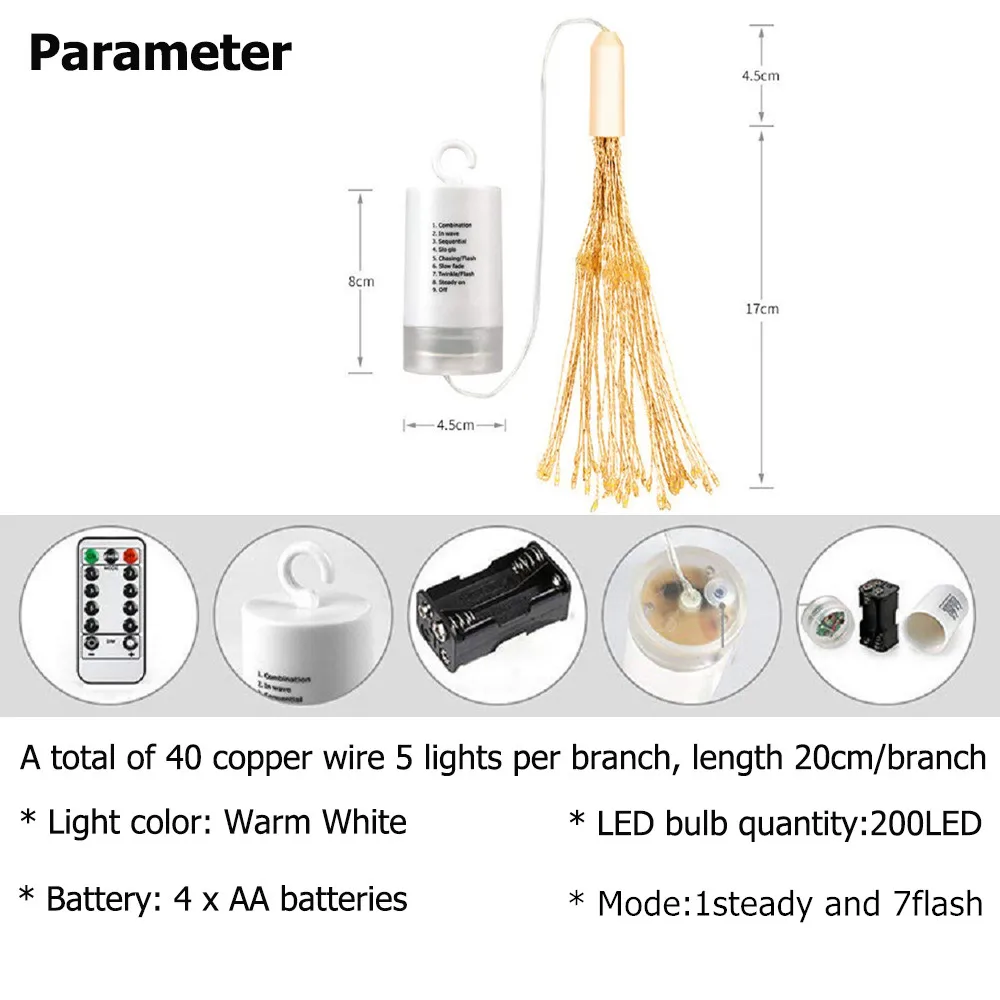 Гирсветильник на солнечной батарее 200 светодиодов медная проволока фейерверк