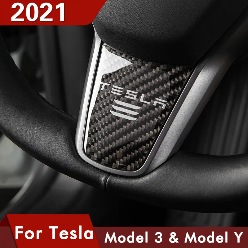 

New Carbon Fiber Steering Wheel Cover For Tesla Model 3 Y Car Accessories Interior Decoration Protector Patch Three Car Stickers