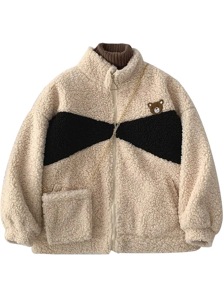 

Yeeloca Spring Lamb Wool Jacket Women's Casual Zipper Korean Loose Coat Versatile Stand Collar Long Sleeve Top