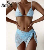 in x floral print bikini 2021 triangle swimsuit women mesh 3 pieces set string swimwear female elegant bathing suit swimming