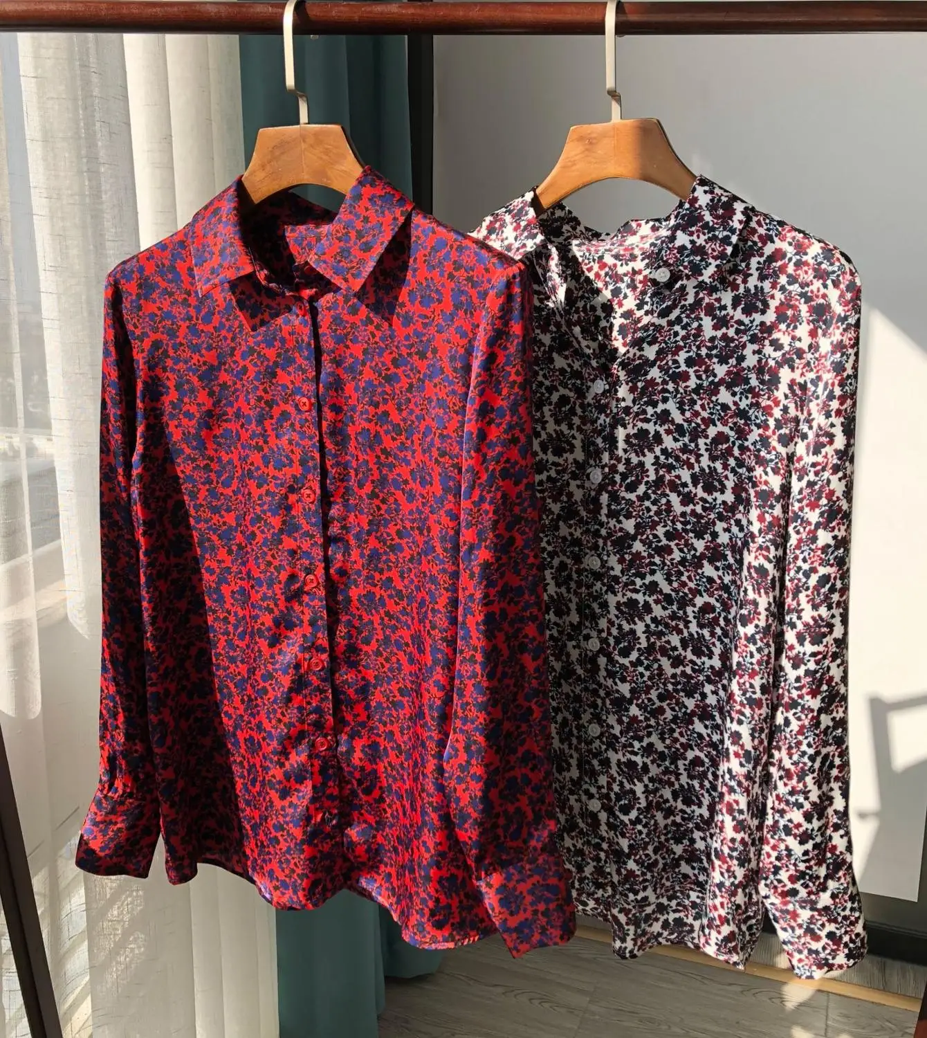 Женская рубашка с отложным воротником в стиле ретро цветочным принтом и длинными