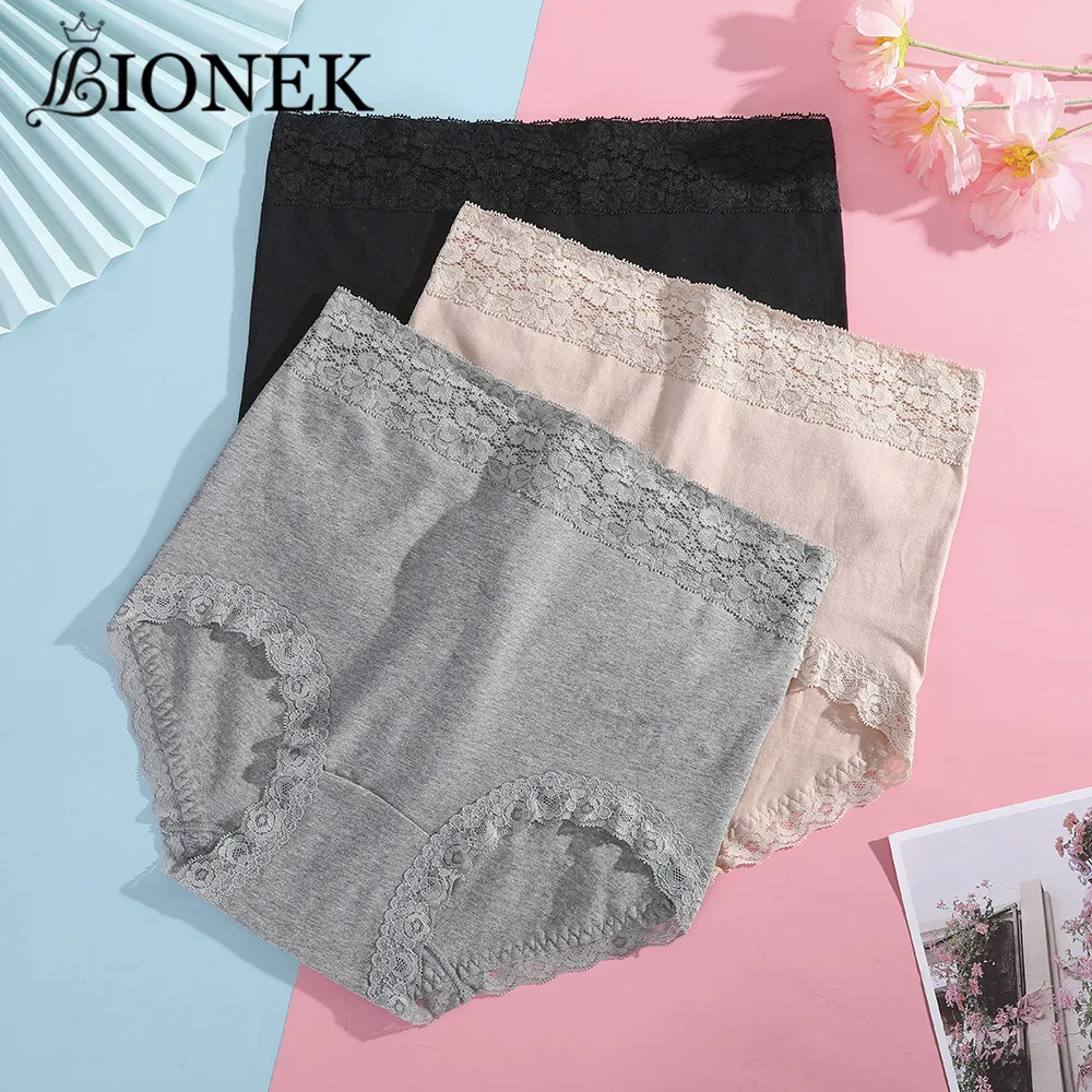 

BIONEK Cotton Plus Size High Waist Women's Panties Solid Lace Briefs Underwear Female Sexy Underpants Breathable Lingerie