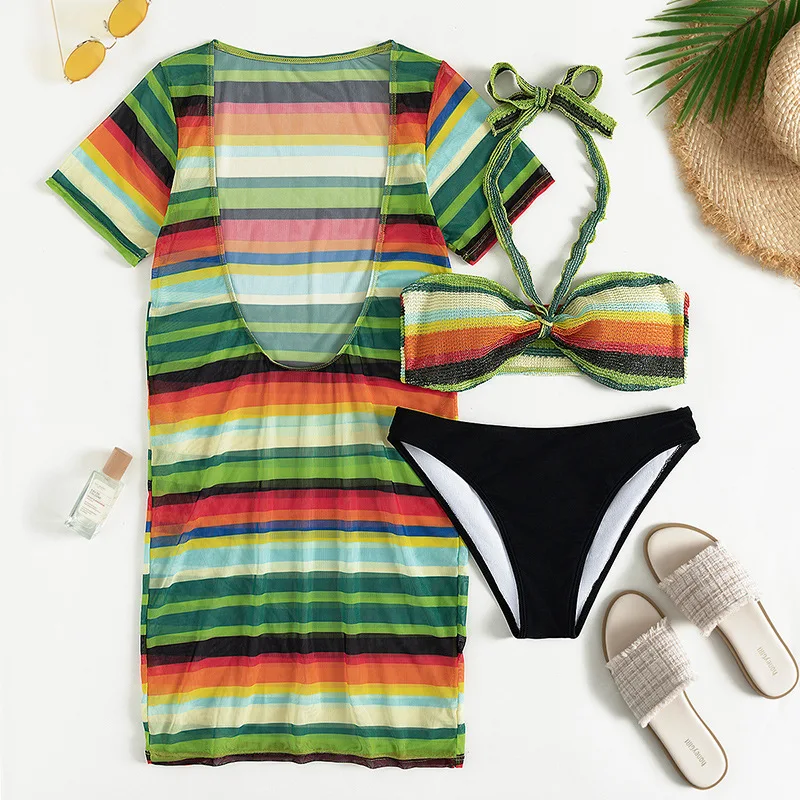 Комплект бикини в радужную полоску женское платье с коротким рукавом купальник