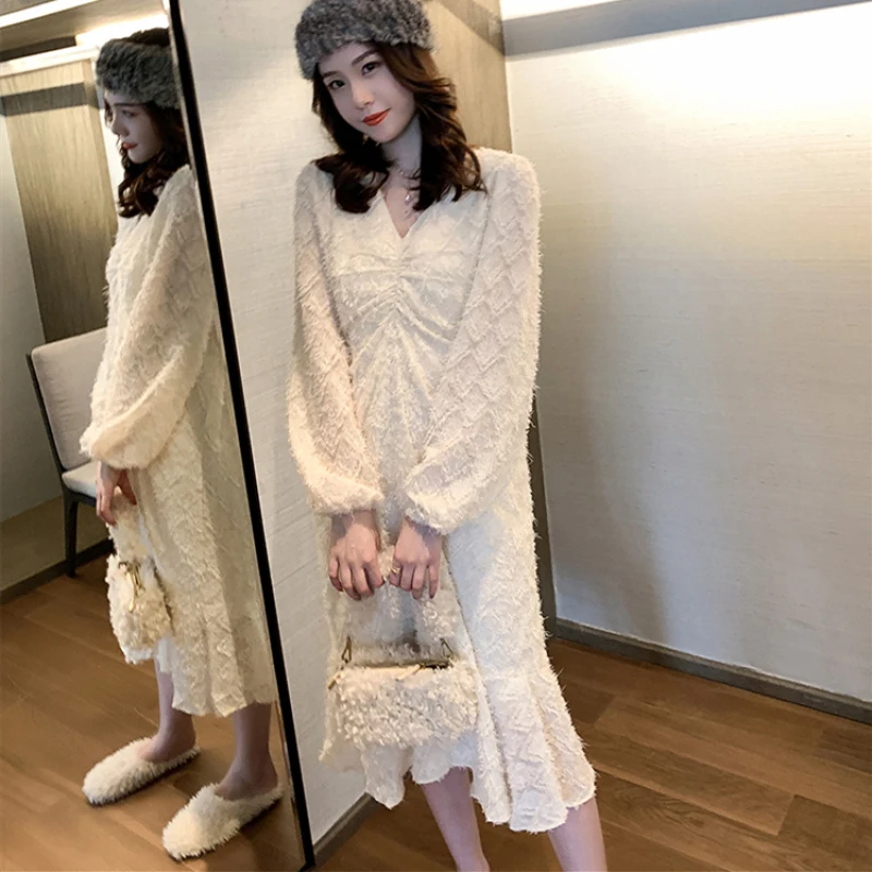 Женское винтажное платье миди с длинным рукавом и V образным вырезом|Женские