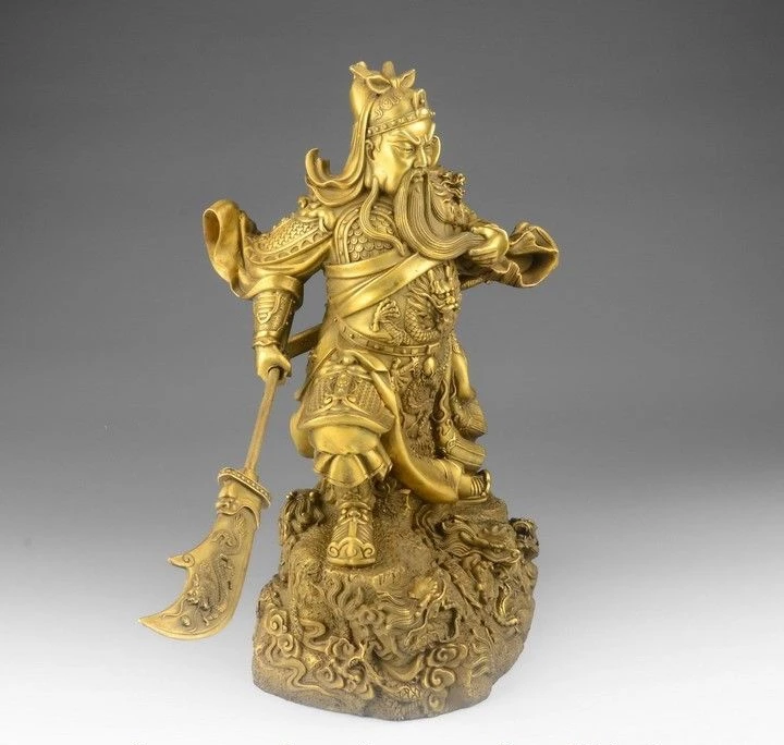 

free shipping 14 Chinese Brass Copper Dragon Sword Warrior Guan Gong God Guan Yu Buddha Statue