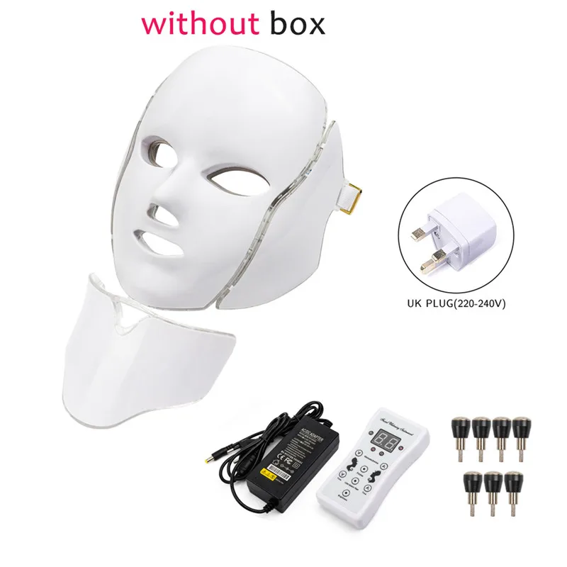 UK Plug withoutbox 7 цветов светильник светодиодный маска для лица с омоложением кожи шеи уход за лицом Лечение Красота анти акне терапия Фотон отбеливание PDT - Цвет: UK Plug withoutbox