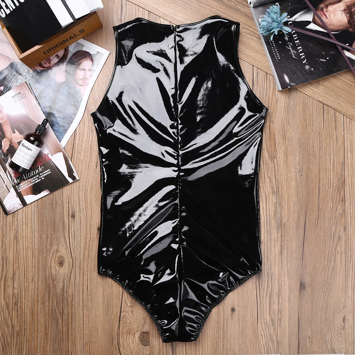 Мужской латексный боди сексуальный клубный костюм Wetlook из искусственной кожи Цельный купальник без рукавов на спине с комбинезон на молнии комбинезон