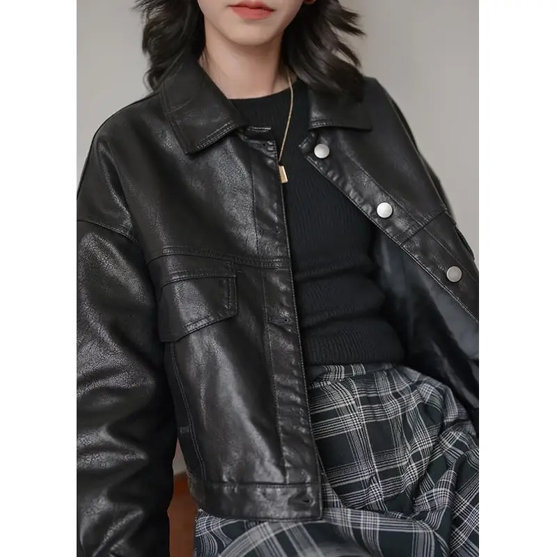 

Женская короткая куртка из искусственной кожи, свободная мотоциклетная куртка из искусственной кожи, модель X624 на весну и осень, 2021