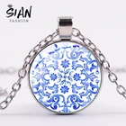 Азиатских бело-голубое фарфоровое ожерелье стеклянные круглые очаровательные цветочные узоры темно-синего цвета с подвеской в форме элегантные женские банкетные заявленное фирмой колье