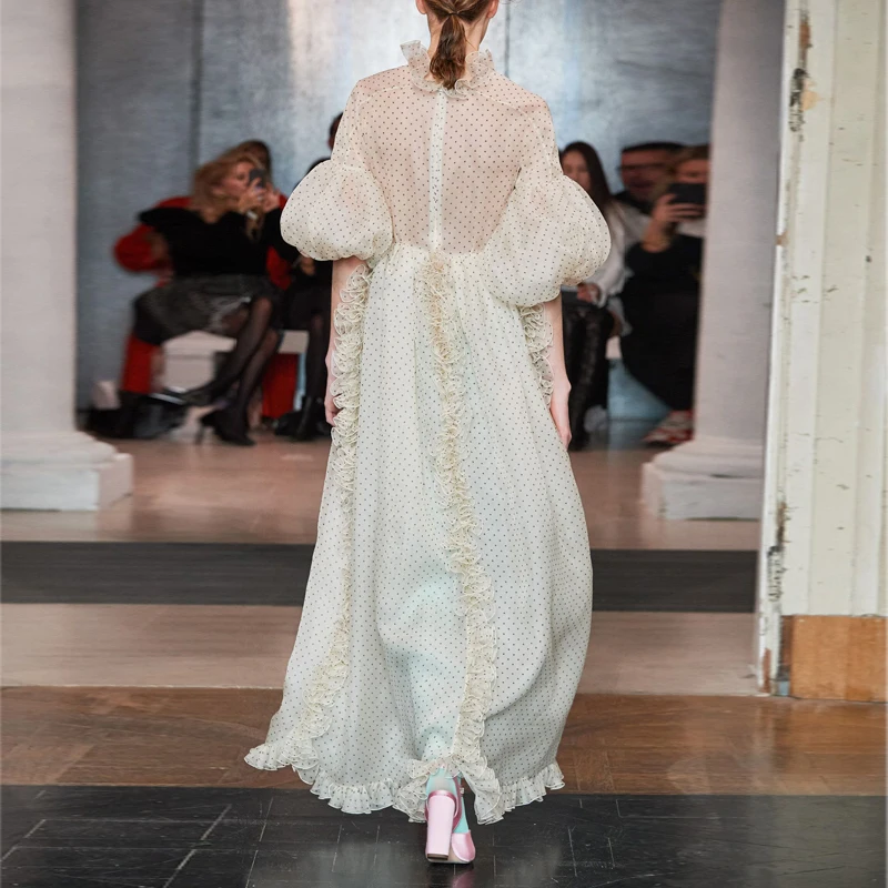 Женское винтажное платье макси Длинное свободное с рукавом-фонариком и оборками