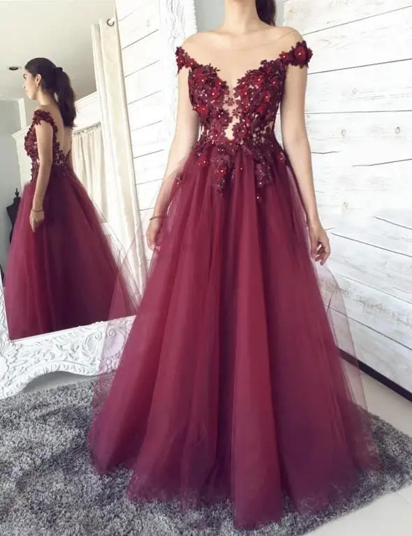 

Burgundy Flowers Prom Dresses 2021 Off Shoulder Long Tulle Formal Evening Party Dress Celebrity Gown robe de soiree