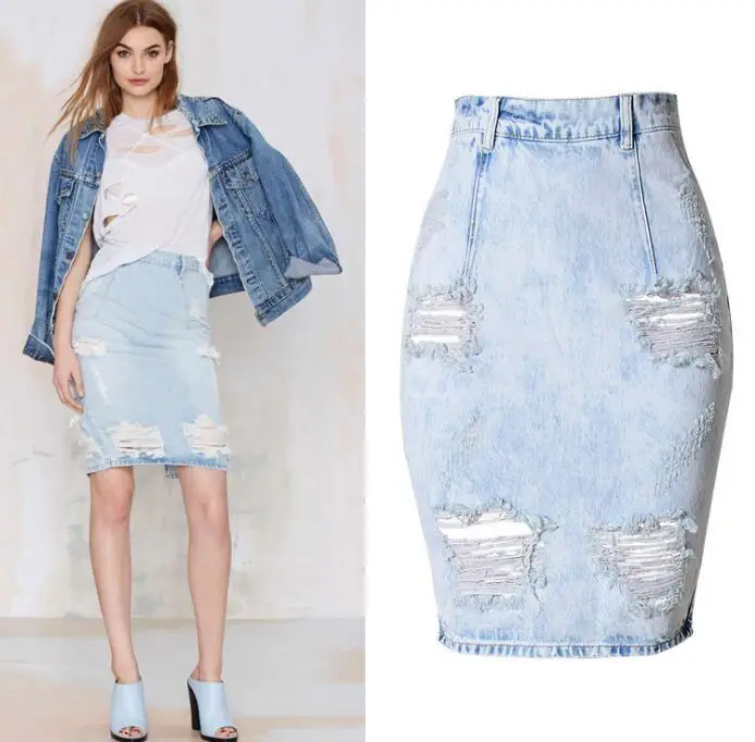 

Womens High Waist Distressed Ripped Denim Short Jean Bodycon Vintage Retro Casual Holes Pencil Mini Skirts Ladies 2020
