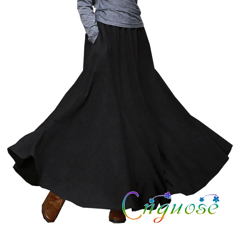 

2021 Autumn And Winter Female Retro Vintage Casual Black Cotton and Linen Big Hem Plus Size 6XL 7XL Skirts Womens Ladies Skirts
