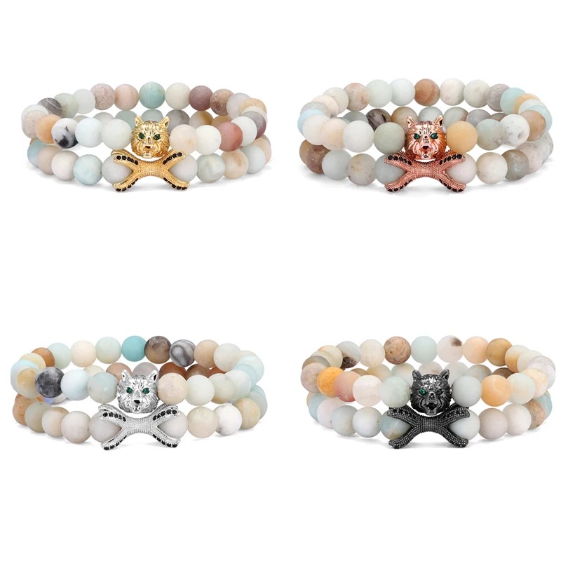 2 pieces / set of new fashion Cz wolf head men's bracelet charm natural stone beaded cuff jewelry gift | Украшения и