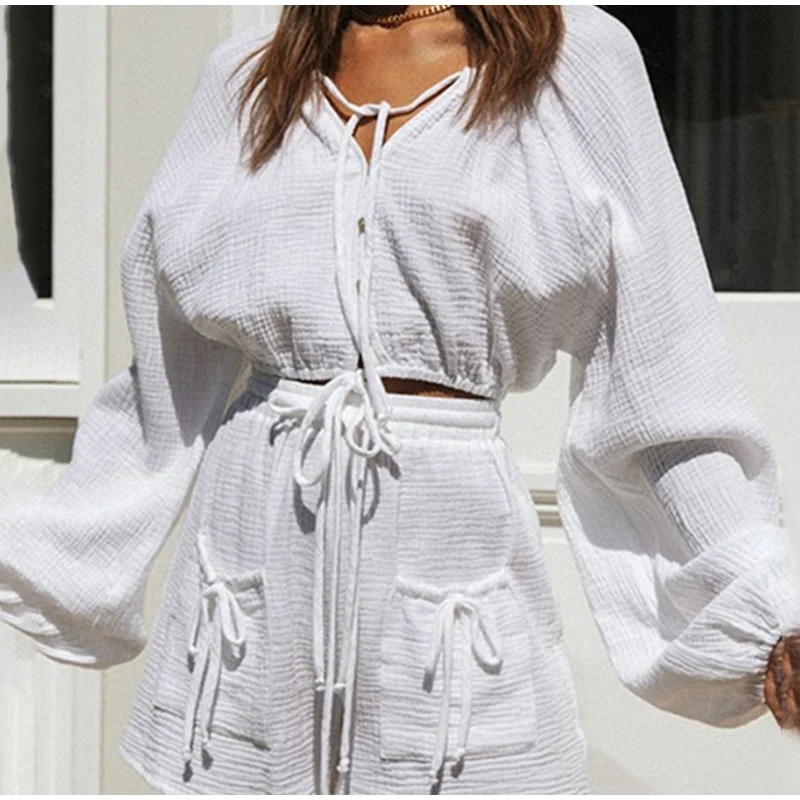 

2021 Summer Suits Tracksuits for Women Solid V-Neck Lace Up Casual Two Piece Set Homewear Women Batwing Sleeve Crop Top