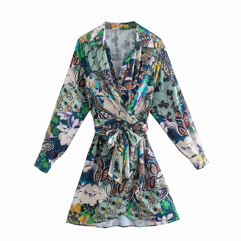 

Vintage Women Floral Dress Autumn 2021 New Fashion Sash Kimono Clothing Long Sleeve Above Knee Feminino Vestidos