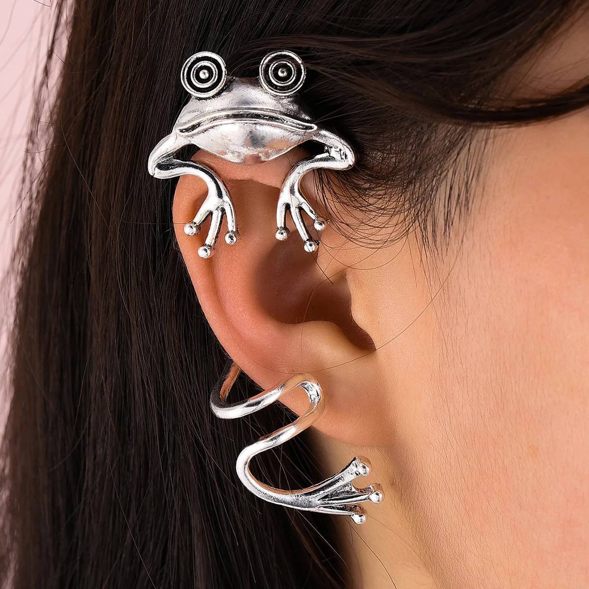 

1pc Punk Style Alloy Silver Frog Earring Clip Non-pierced Fashion Big Frog Vintage Earring Retro Women Girls Jewelry