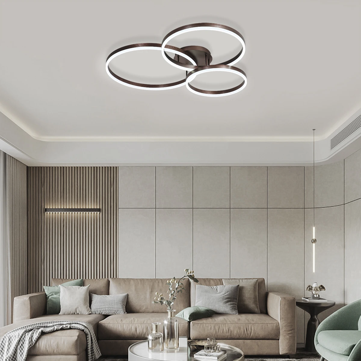 

Acrylic Modern Ceiling Lamp 75W LED Surface Mount Cool White 6000K Coffee Color 3 Ring Fixture for Living Living Room Bedroom