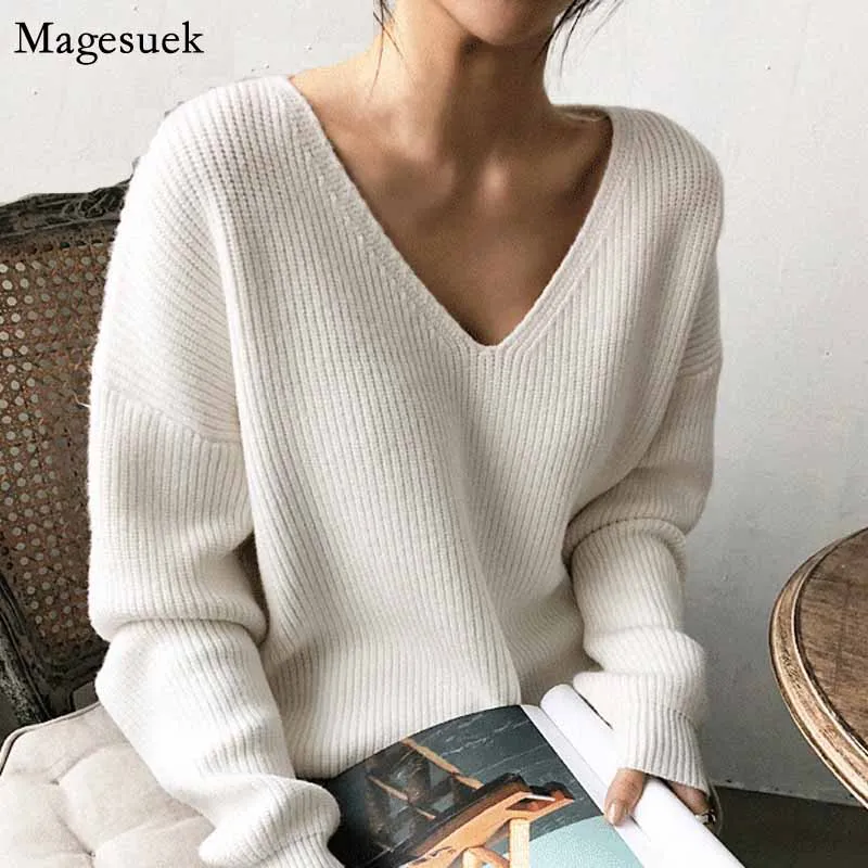 

Women's Knitwear Bottoming Sweater 2020 Winter Korean V-Neck Loose Solid Sweater Women Tops Plus Size Pullover Pull Femme 10526