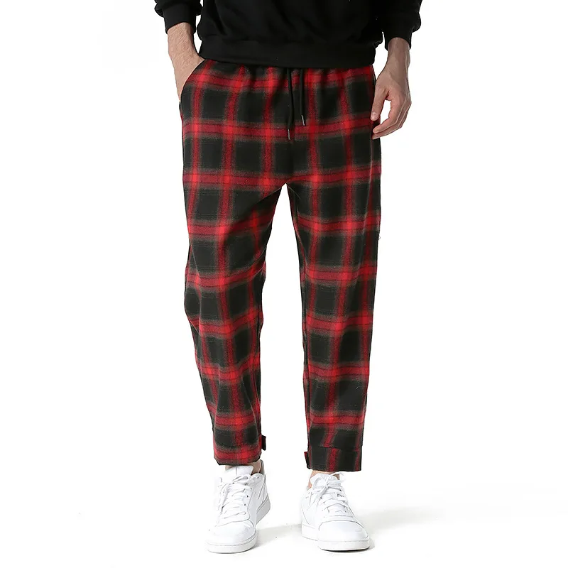 

Man Jogging Pants The Trend Of Grid Velcro Feet Cotton Kind Blended City Casual Trousers