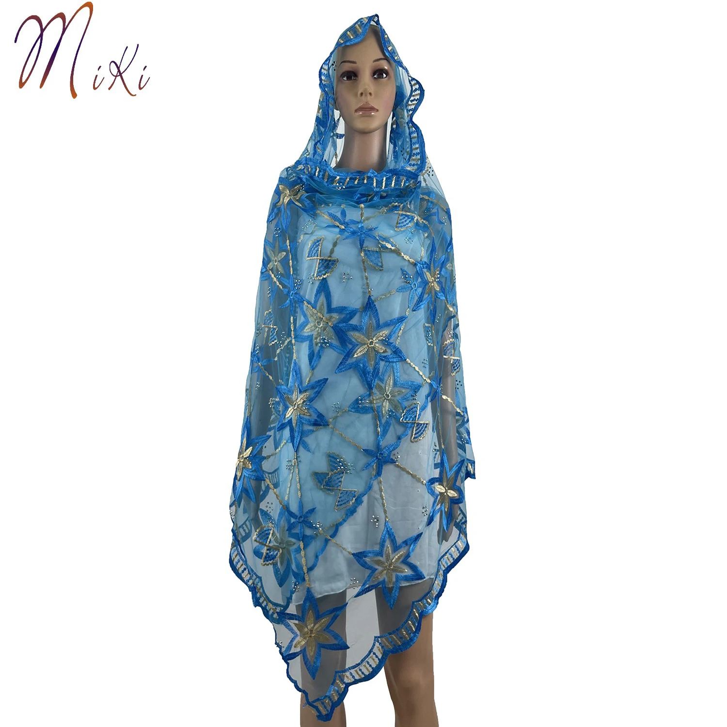 

100% Tulle African Women Scarf Good Quality Plain Embroidery with Stones Soft Net Scarf for Headscarf Wraps BK03