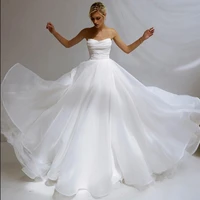 sexy white cheap wedding dress 2021 strapless organza wedding gowns beach bride dresses split side sweep train custom made