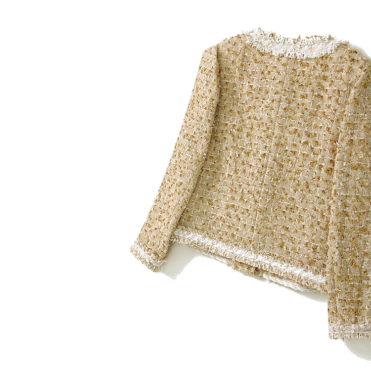 

Женское однобортное пальто с круглым вырезом, золотистая клетчатая короткая твидовая куртка в Корейском стиле ретро на осень и зиму