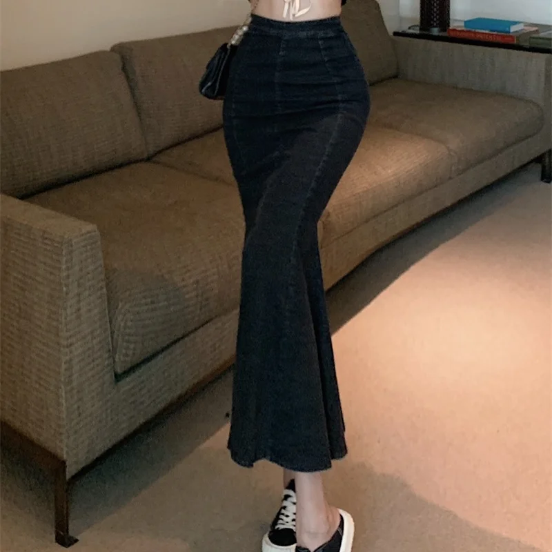 Юбка-Русалка Женская однотонная с высокой талией винтажная разрезом на осень