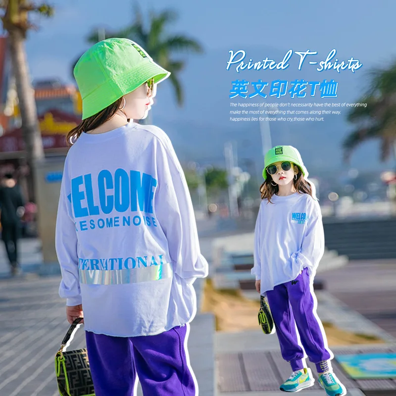 Girls Letter Long-sleeved T-shirt 2021 Spring Autumn Teenager Loose Sports Top Children's Bottoming Shirt